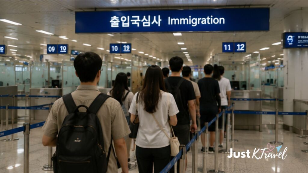 Travelers going through immigration at Incheon Airport