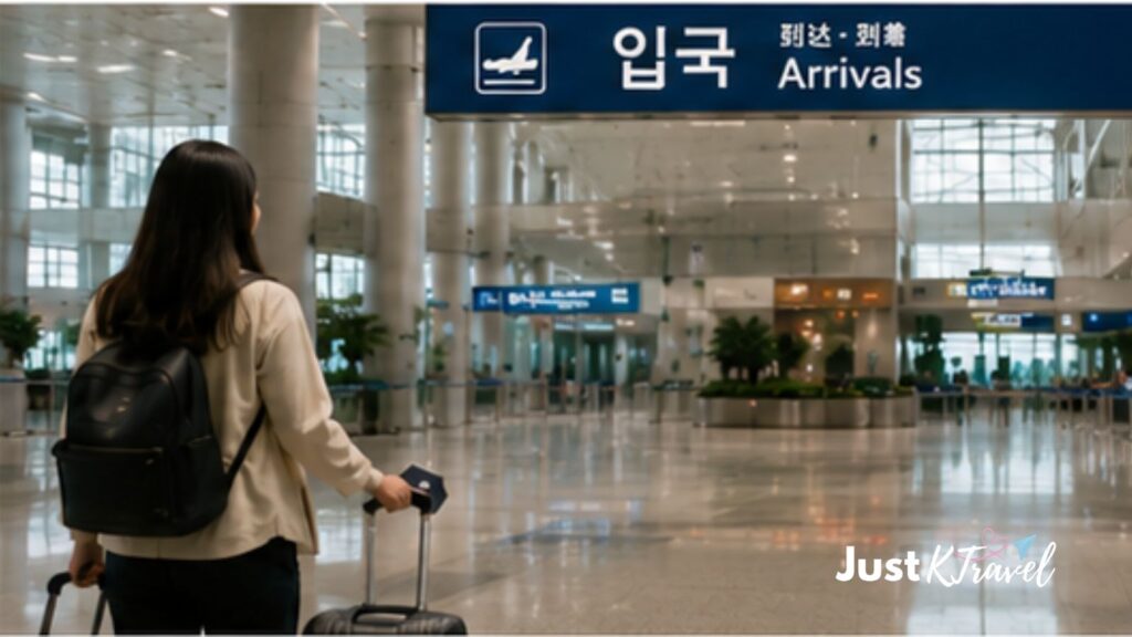 Woman traveler arriving at Incheon International Airport in South Korea