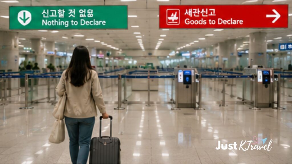 Woman traveler going through customs at Incheon Airport