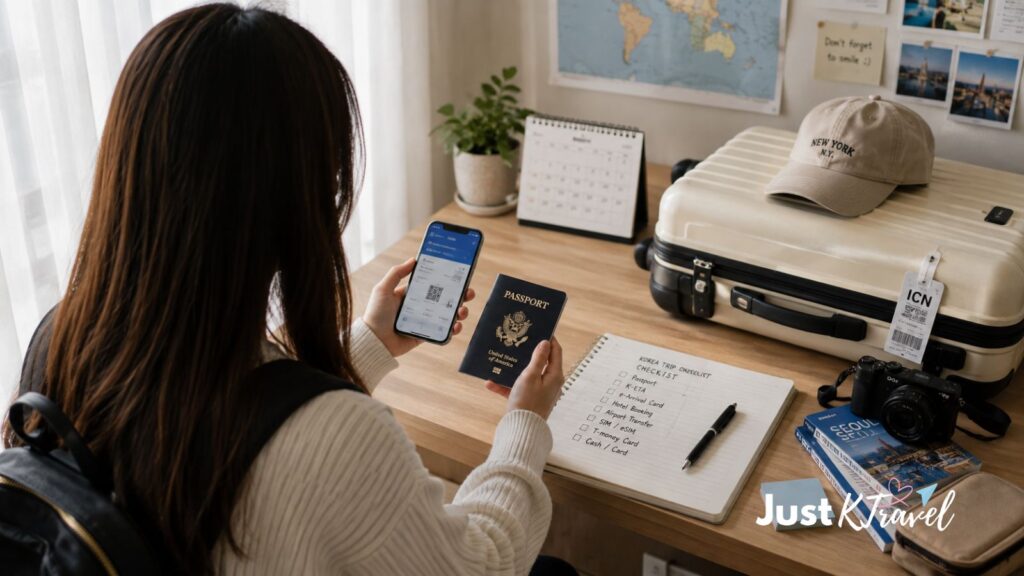 Woman traveler preparing passport and travel documents before a trip to Korea
