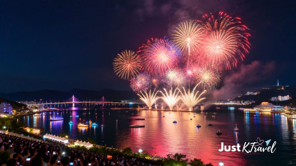 Yeosu Night Sea Fireworks Festival over the coast