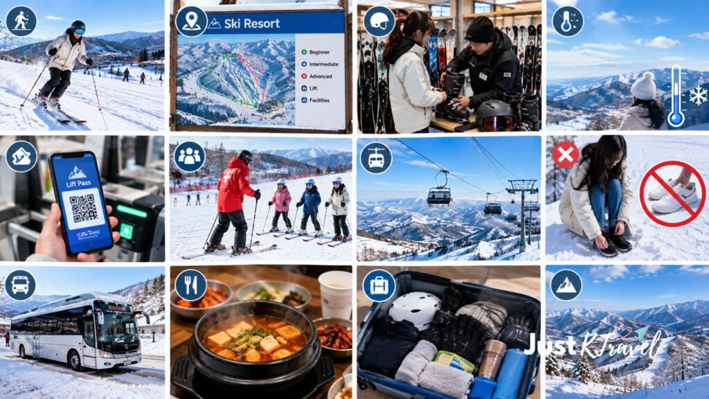 Beginner skier preparing for a ski trip in South Korea with winter clothing and ski equipment