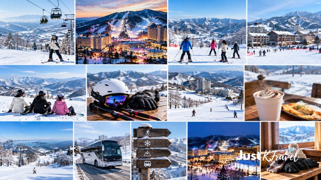 Snowy ski resort in South Korea with ski slopes and mountain scenery for first-time skiers