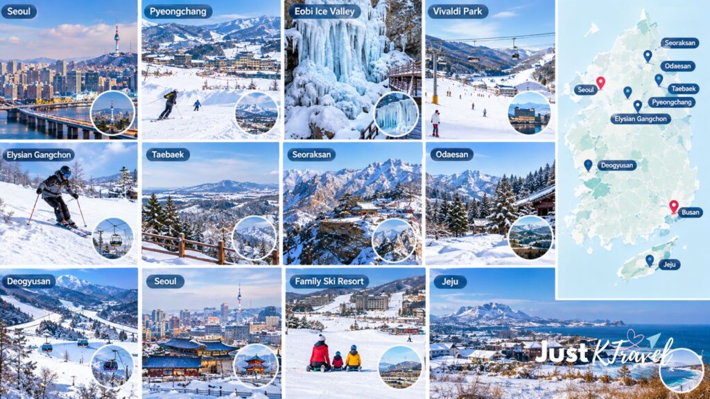 Comparison of snowy destinations in South Korea for winter travel, including mountains, ski resorts and city scenery