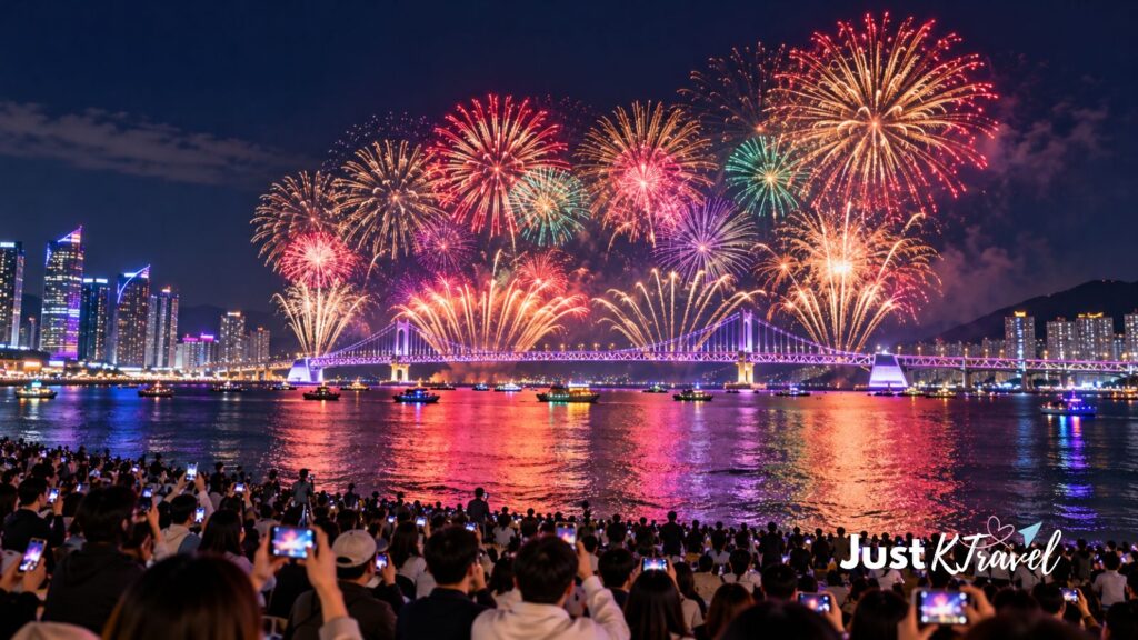 AI-generated illustration of colorful fireworks illuminating the night sky over Busan’s coastline