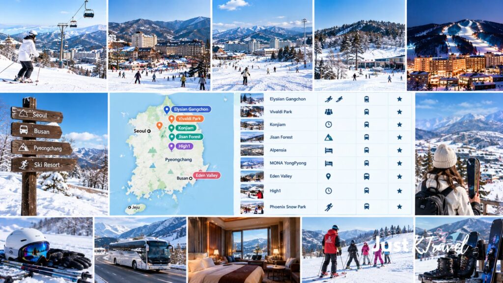 Snow-covered Korean ski resort with ski slopes and mountain scenery for comparing beginner-friendly destinations