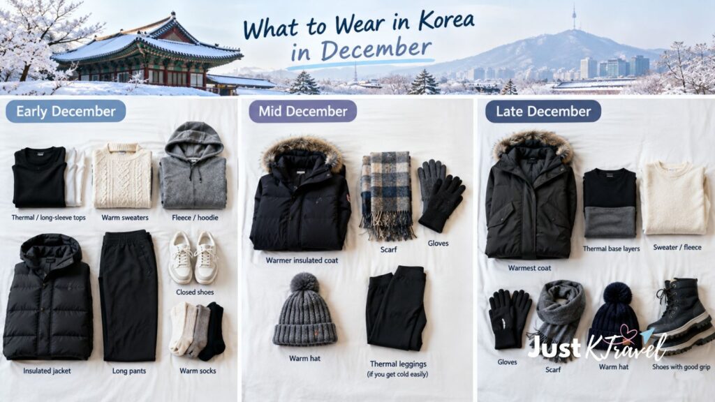 Comparison of early and late December scenery in South Korea, showing milder autumn-like weather and colder winter conditions.