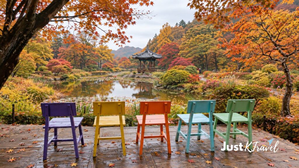 Garden of Morning Calm autumn garden with colorful chairs and pavilion