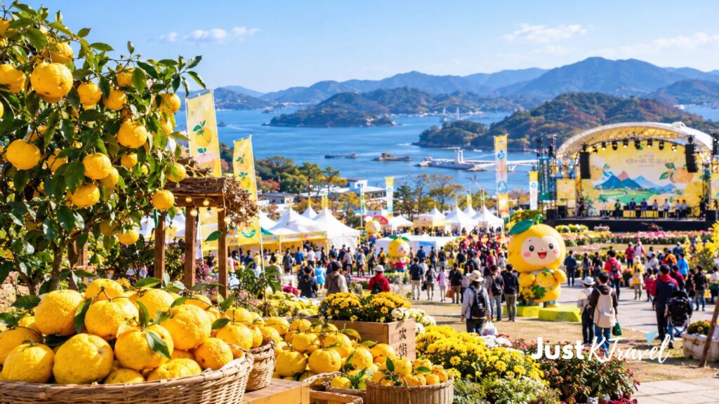 AI-generated illustration of fresh yellow yuja citrus fruits displayed at a Korean autumn harvest festival