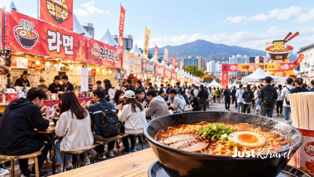 AI-generated illustration of steaming Korean ramen served at an outdoor food festival