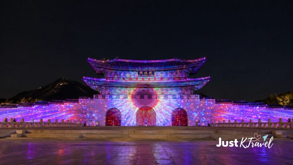 Gwanghwamun Square illuminated with colorful winter festival lights in Seoul.