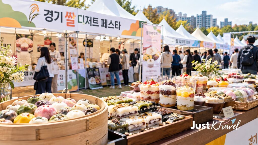 AI-generated illustration of Korean rice desserts displayed at a food festival
