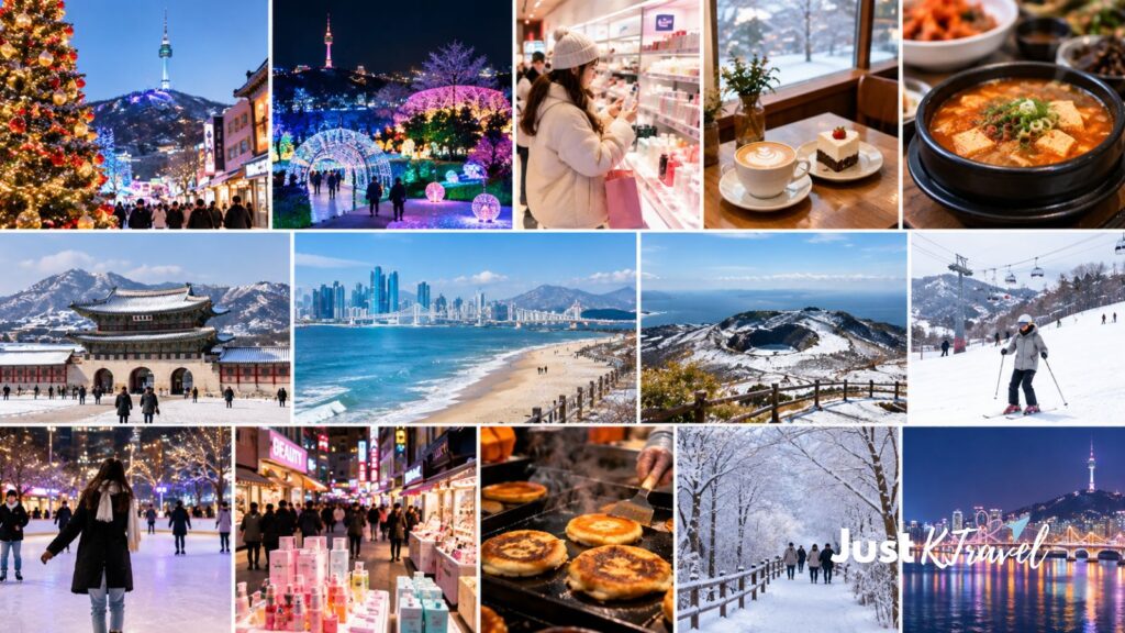 Winter view of South Korea with traditional architecture and seasonal scenery, illustrating what to expect when traveling in December.