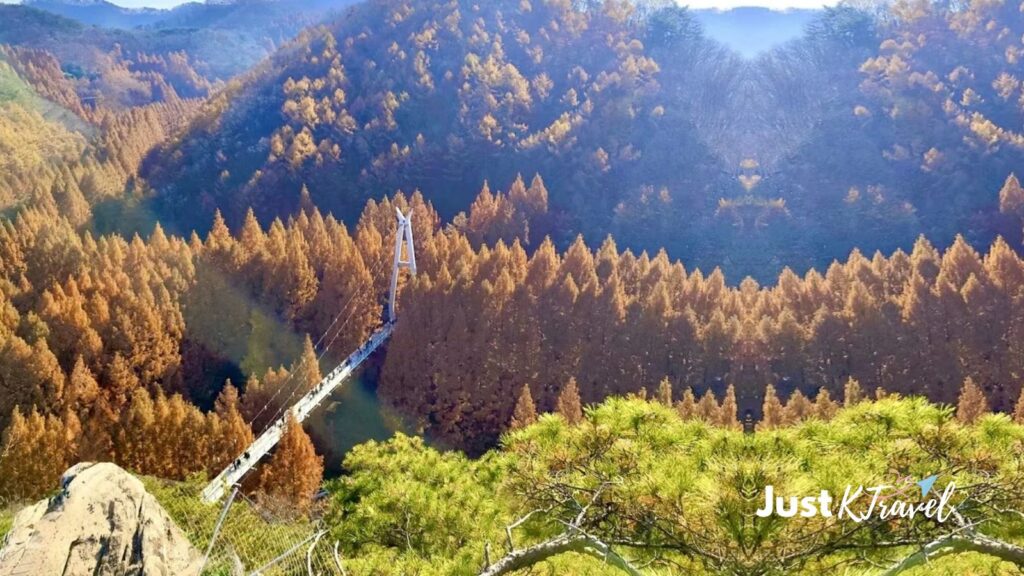 Jangtaesan autumn foliage with scenic bridge