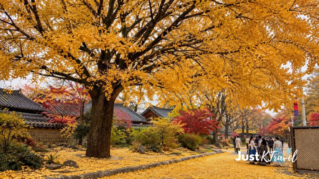 Jeonju Hanok Village surrounded by autumn foliage