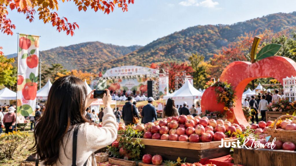 AI-generated illustration of the Cheongsong Apple Festival and autumn festival atmosphere in South Korea