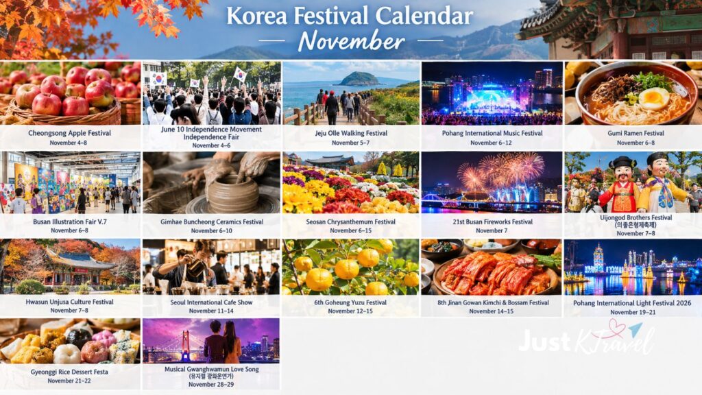 AI-generated festival calendar illustration for South Korea’s November 2026 festivals and events