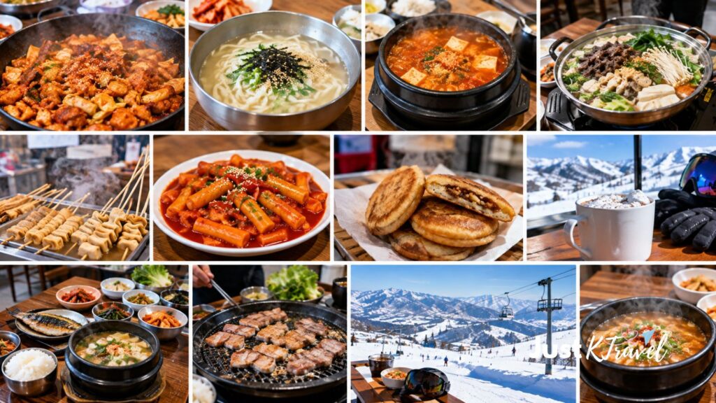 Korean comfort foods to enjoy after skiing, including hot soup, Korean stew, and traditional winter snacks