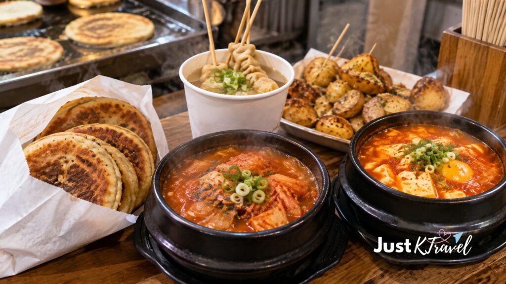 Korean winter comfort foods including hotteok, fish cake soup, and roasted sweet potatoes for December travelers.