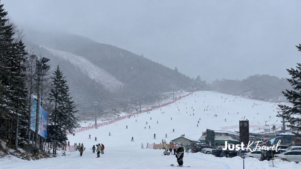 MONA YongPyong ski resort in Pyeongchang, South Korea, surrounded by a winter mountain landscape
