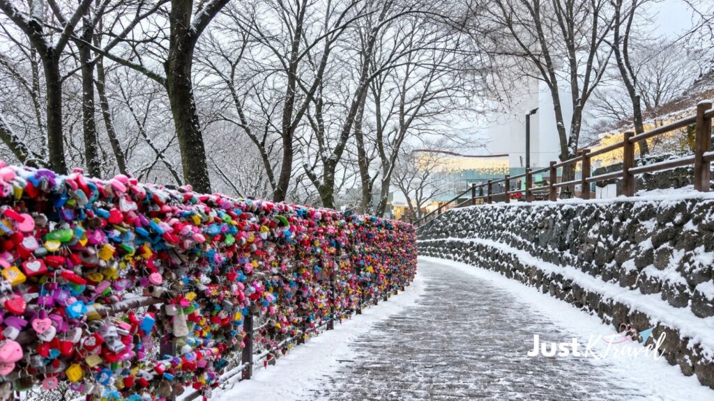 Love locks along a snowy walkway near N Seoul Tower in Seoul, South Korea