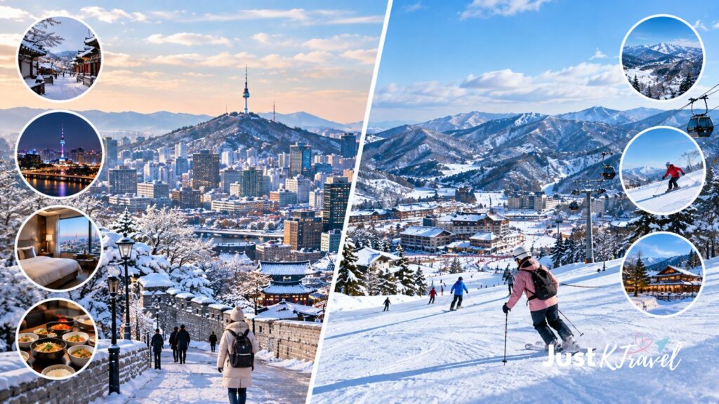 Comparison of winter scenery in Seoul and snowy mountain destinations in South Korea
