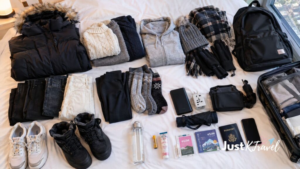Winter travel packing checklist featuring a warm coat, thermal layers, scarf, gloves, and other December travel essentials for South Korea.