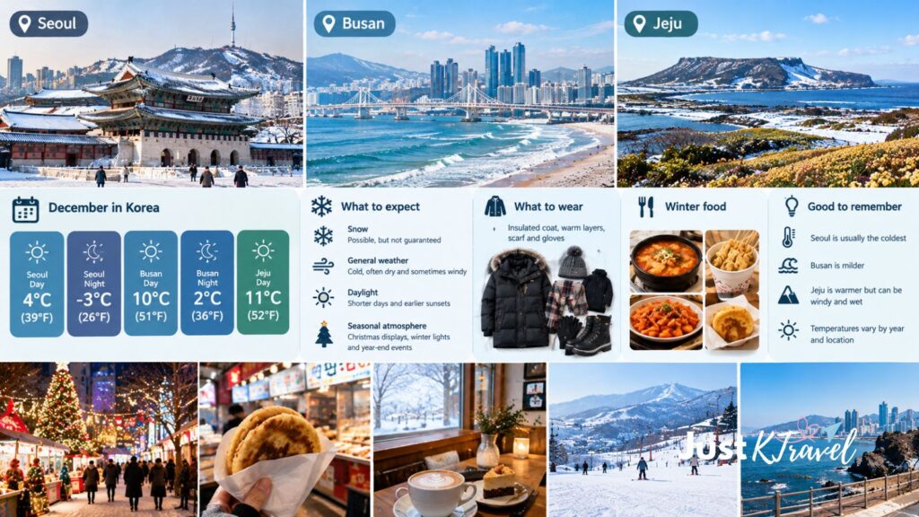 South Korea December travel overview showing winter weather, seasonal scenery, and cold-weather travel essentials.