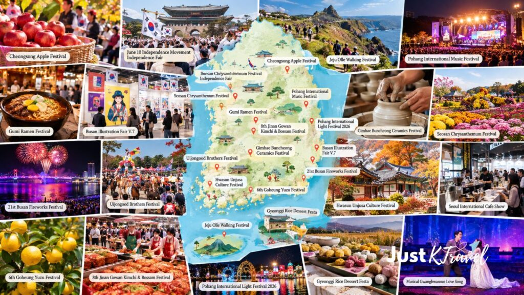 AI-generated illustration of a South Korea map highlighting locations associated with November 2026 festivals
