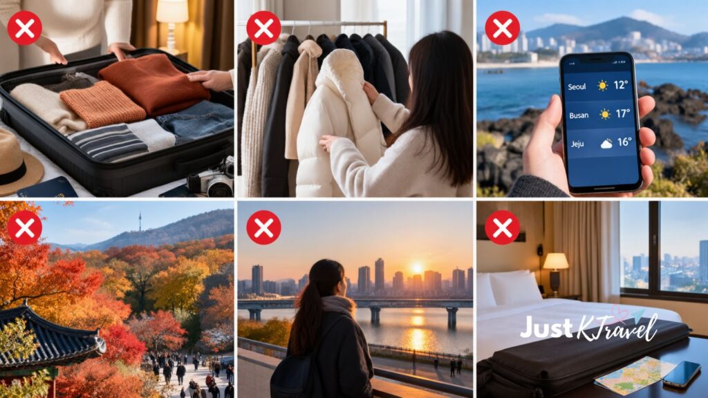 Travel packing items for a November trip to South Korea, including layered clothing and a warm jacket