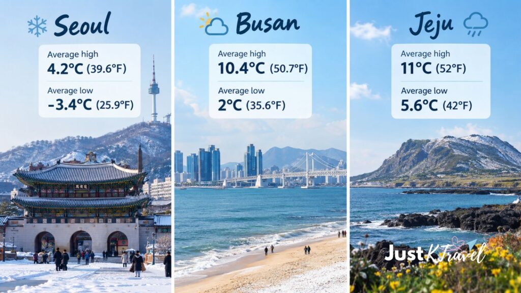 Winter weather comparison of Seoul, Busan, and Jeju Island in South Korea during December.