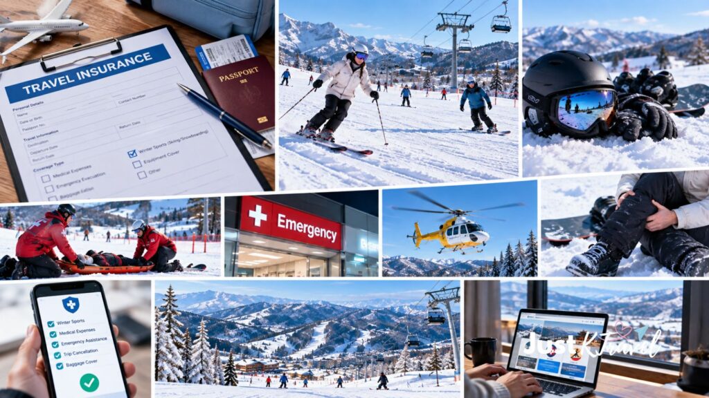 Travel insurance documents and winter travel essentials for a trip to South Korea
