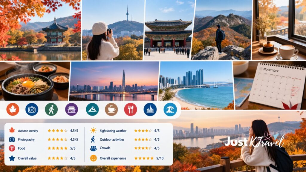 Illustration of autumn travel in South Korea with colorful foliage and sightseeing scenery