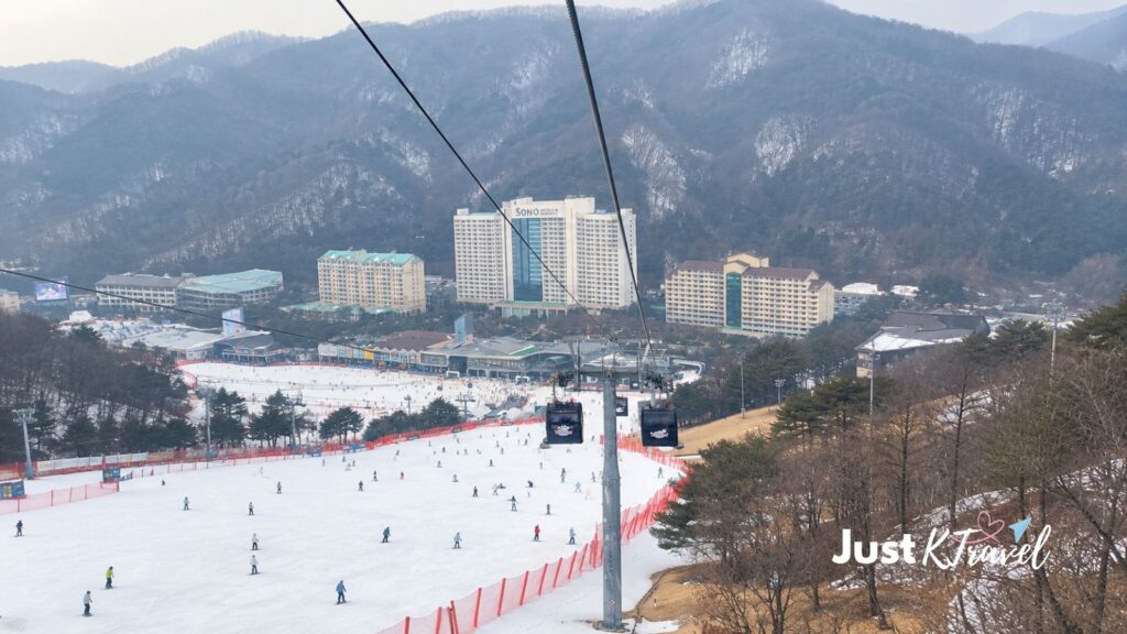 Mountain view of Vivaldi Park Ski Resort from a cable car, with skiers on the slopes and a hotel in the background