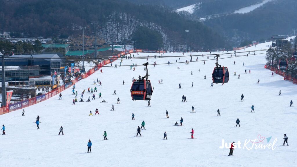 Vivaldi Park Ski Resort in South Korea with people skiing on the snowy slopes and a cable car in the background