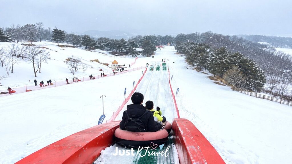 People sledding at Vivaldi Park Snowy Land in South Korea with snowy scenery in the background