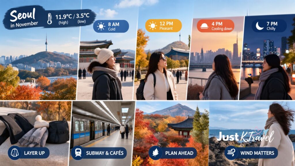 Illustration of travelers wearing autumn layers in South Korea during November