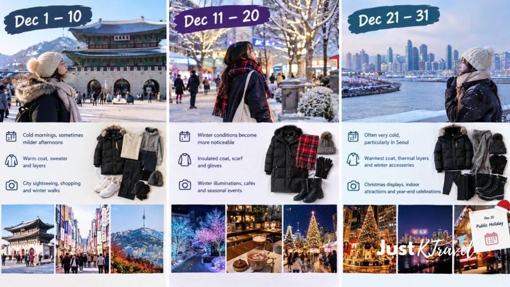 Winter outfit ideas for South Korea in December, featuring a warm coat, layered clothing, scarf, gloves, and winter shoes.