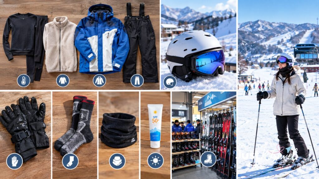 Winter ski clothing and accessories for beginners skiing in South Korea, including a warm jacket, gloves, and thermal layers