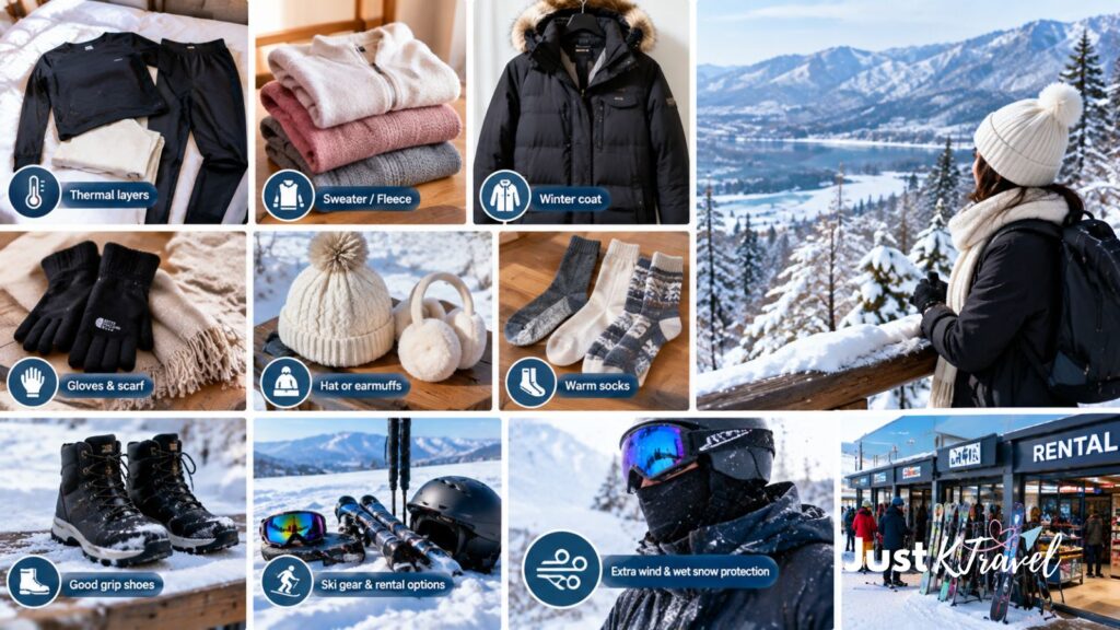 Winter clothing essentials for seeing snow in Korea, including a padded coat, gloves, scarf, warm hat and winter boots