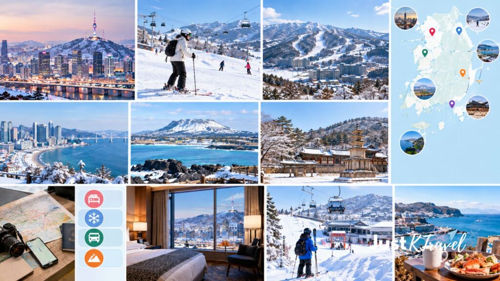 Snowy winter landscape in South Korea with traditional architecture and mountains